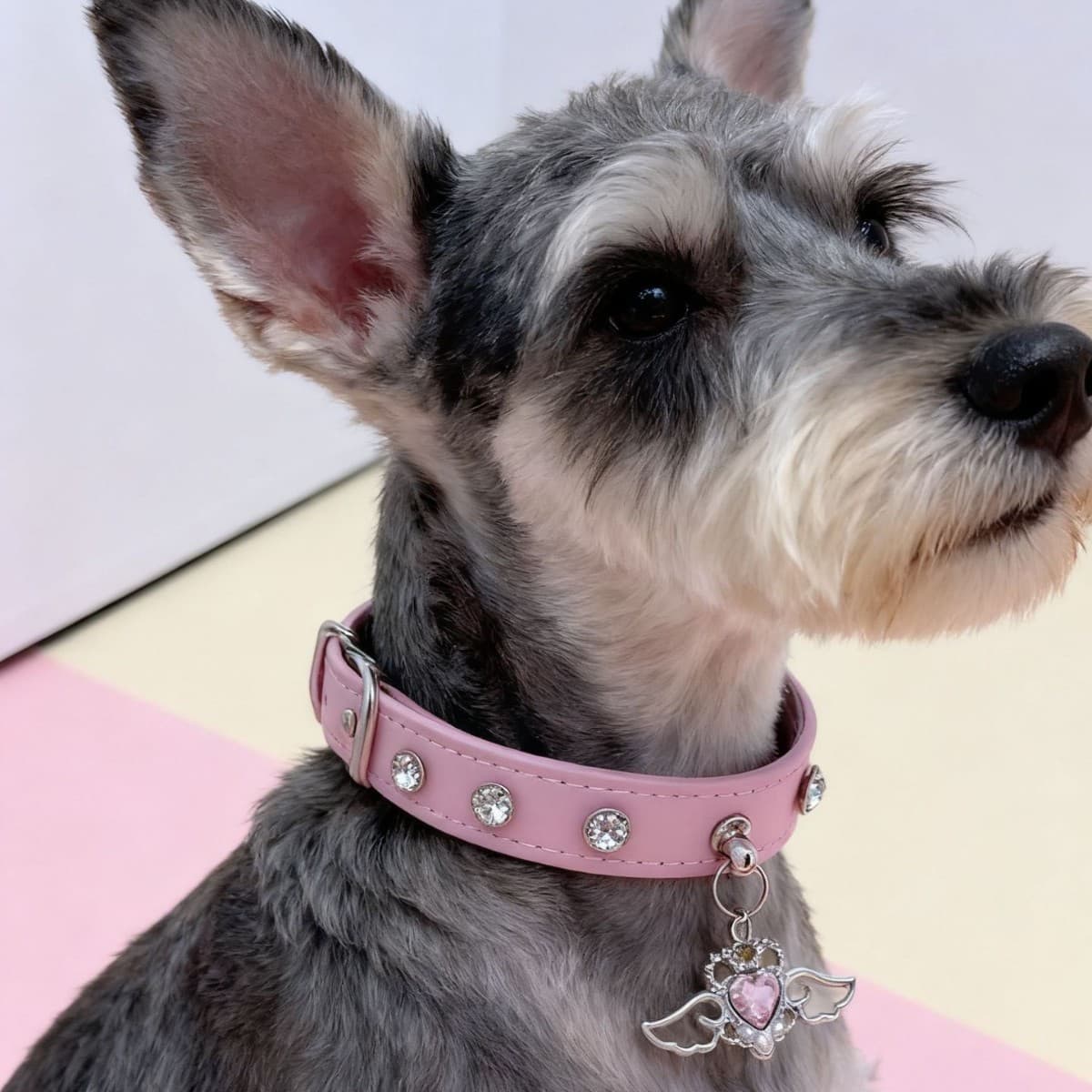 犬首輪 天使の羽根付きハート宝石装飾太め犬首輪